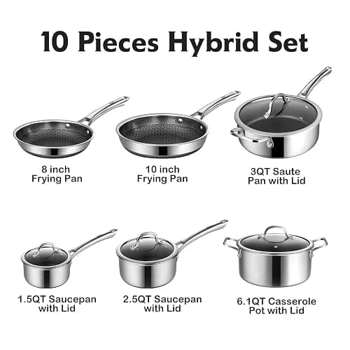 Non Stick Frying Pans Set, Hybrid Pans Set Nonstick (10 pcs),Pan for cooking, PFOA Free Kitchen set, Dishwasher and Oven-Safe Cookware Sets, Stainless Steel Skillets thumbnail 6