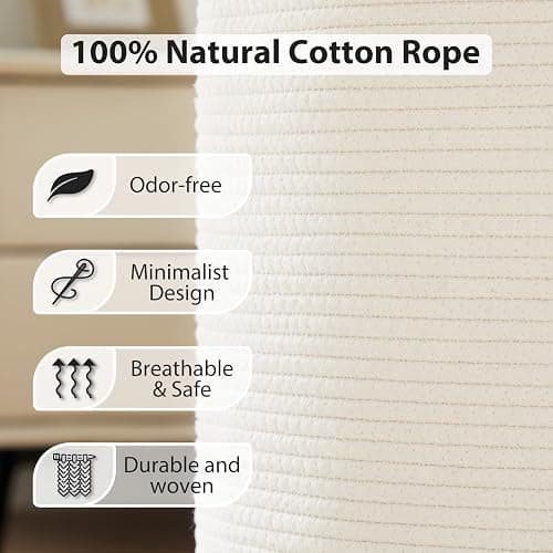 Fiona's magic Woven Rope Laundry Hamper, Tall Laundry Basket for Blanket Storage, Large Dirty Clothes Hamper for Toys, Decorative Baby Nursery Hamper for Bedroom, Living Room - White, 58L thumbnail 3