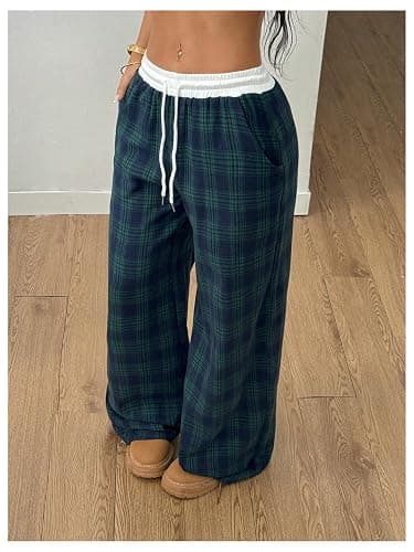 SOLY HUX Women's Plaid Checkered Pants Flannel Pajama Pants Lounge Wide Leg Baggy Sweatpants with Pockets thumbnail 3