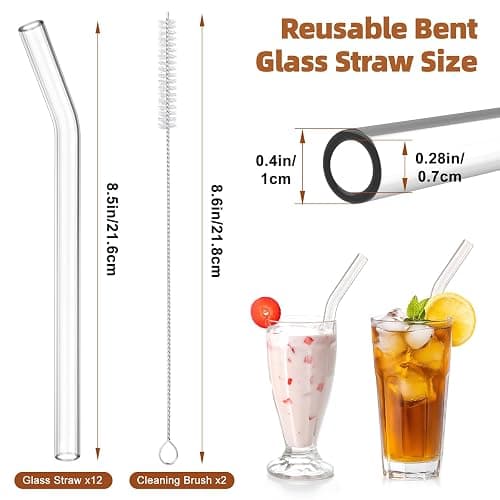 Antner 12 Pack Reusable Glass Straw, 8.5" x 10MM Bent Clear Glass Drinking Straws for Hot & Cold Drinks, 2 Cleaning Brushes Included thumbnail 3