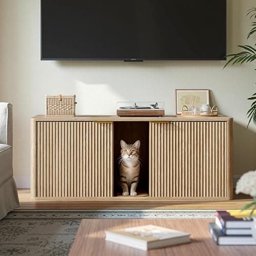 Evermagin 48.8" Double Litter Box Enclosure Furniture for 2 Cats, Large Hidden Oak Litter Box Cabinet with Front Entry, Mid Century Modern Fluted Kitty End Table, Includes Scratching pad thumbnail 4