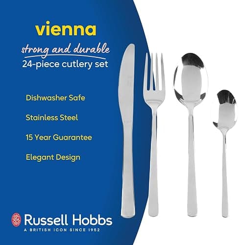 Russell Hobbs RH00023 24 Piece Cutlery Set – Vienna Stainless Steel Flatware Service for 6 People, Knife & Fork Silverware, Dishwasher Safe Knives Forks Spoons, Mirror Polish Finish, Home/Restaurant thumbnail 4