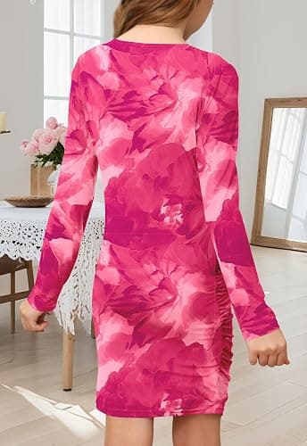 MITILLY Girls Ruched Bodycon Mini Dress Teens Long Sleeve Cocktail Party Dance Formal Floral Mesh Tight Short Dresses thumbnail 5