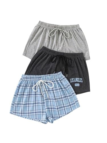 WDIRARA Women's 3 Pack Plaid Letter Graphic Pajama Shorts Elastic Waist Pj Lounge Shorts - Image 1