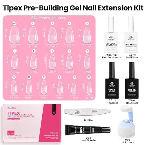Beetles Tipex Instant Apex Nail Tips Kit – Almond Medium, 224PCS 16 Sizes | Pre-Etched, Thick Full Cover Acrylic Tips with Tipex Nail Glue, Dehydrator, Primer, Base & Top Coat, Mini UV Lamp thumbnail 6