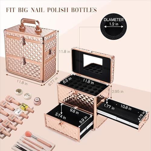 Makeup Train Case Professional Makeup Organizer Case with Drawer Mirror Extra Large Makeup Manicure Accessory with Dividers Travel Cosmetic Case for Cosmetologist Nail Tech Kits Makeup Case Rose Gold thumbnail 6
