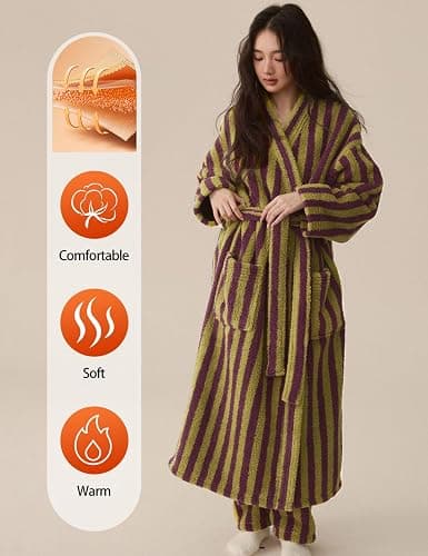 Arssm Womens Striped Fluffy Robe Long Plush Fuzzy Warm Bathrobes | Cozy Thick Loungewear, Maxi Robe, Color Block, Housecoat thumbnail 4