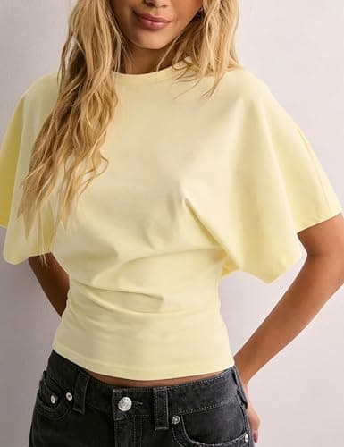 Lumister Shirts for Womens Crewneck Tighten Waist T-Shirt Casual Short Sleeve Workout Tops Solid Color Basic Tees thumbnail 2
