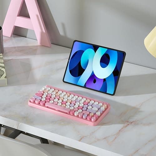 UBOTIE Portable Bluetooth Colorful Keyboards (Pink-Colorful) | Computer Wireless Mini Compact Retro Typewriter Flexible 84Keys Design Keyboard for PC Tablet thumbnail 4