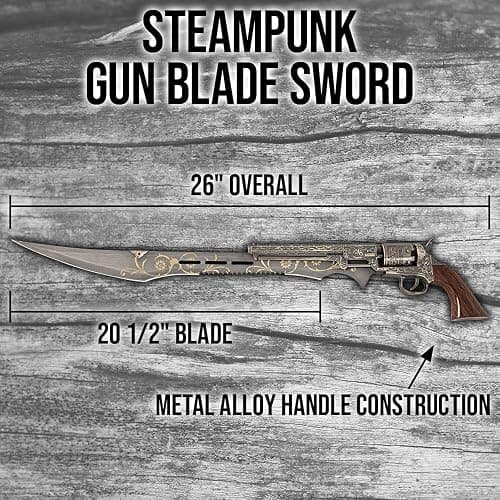 Steampunk Gun Blade Sword K Exclusive | 20 1/2" Rust Resistant Stainless-Steel Blade | Antique Finish | Laser-Etched and Engraved Accents | Spinning Barrel | Nylon Sheath Included | 26" Overall Length thumbnail 2