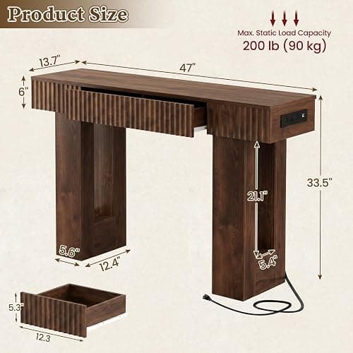 Unikito 47" Entryway Table with 2 Storage Drawers & Outlets, Fluted Design | USB-C Charging, Narrow Sofa Table Behind the Couch, Versatile Console Table for Entryway Hallway Foyer Living Room thumbnail 3