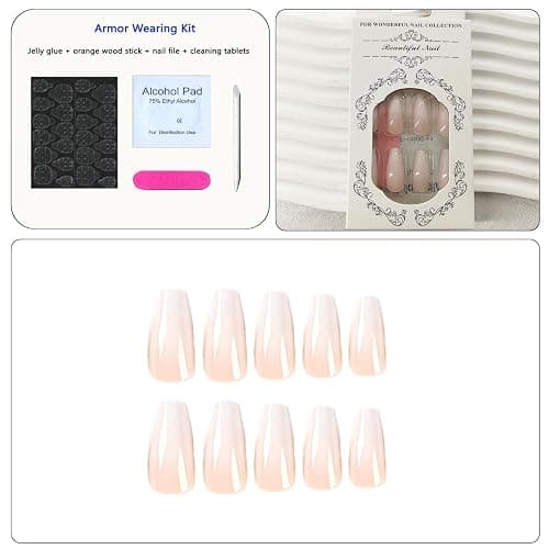 Coffin Press on Nails Medium Fake Nails with Daily Wear Simple Designs Pink & White Gradient Full Cover Glue on Nails Glossy False Nails Press ons for Women 24 Pcs thumbnail 6
