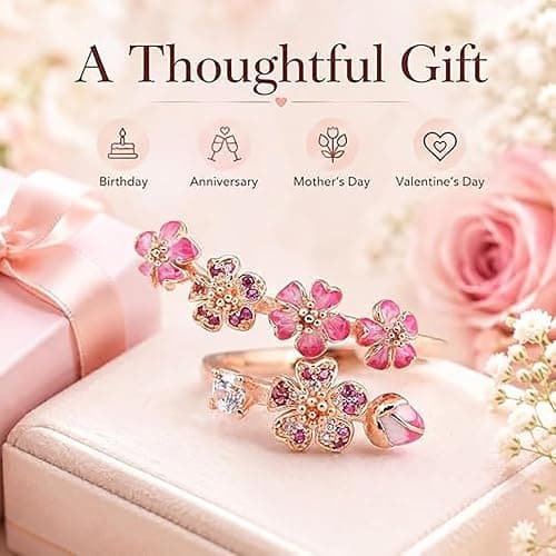 GUUZETU Pfirsichblüten-Ring, verstellbarer, rosévergoldeter rosa Kirschblüten-Blumenring, Blumenkristall- und Edelsteinschmuck, leichter, zierlicher Ring mit offenem Band, Geschenk für Hochzeit thumbnail 4