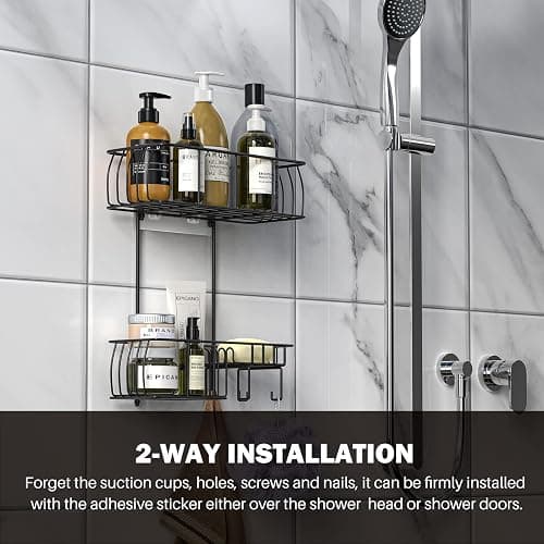 Epicano Shower Caddy Hanging, Anti-Swing Over Head Shower Caddy Rustproof with Hooks for Towels, Sponge and More, Matte Black thumbnail 4