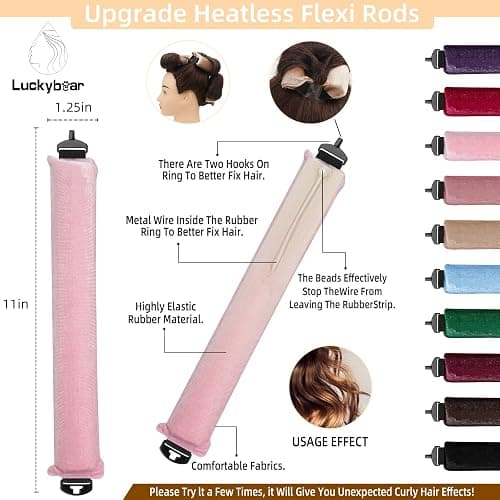 Luckybear Jumbo Heatless Hair Curler, 3pcs Pink Satin Flexi Rods - Heatless Curls, Soft Velvet Overnight Sleeping Curls Styling Tools for All Hair Types thumbnail 2