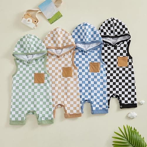 Karesoull Newborn Boy Checkered Outfit Baby Sleeveless Hooded Romper Jumpsuit Cute Summer Clothes thumbnail 6