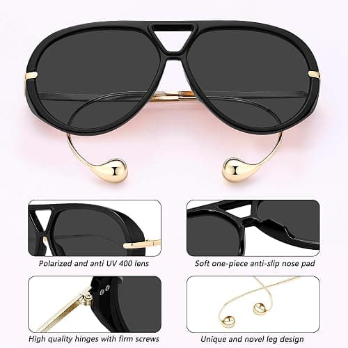 KesaPlan Vintage Oversized Aviator Sunglasses Women with Earring, 70s Retro Shield Big Frame 2025 Luxury Trendy Sun Glasses thumbnail 4