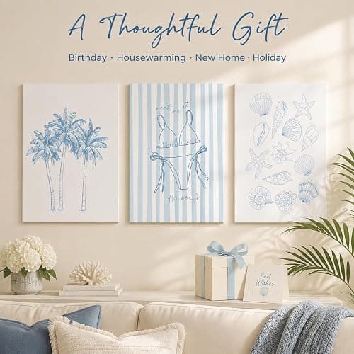 3Pcs Blue Coastal Unframed Canvas Wall Art, Preppy Beach Summer Decor | Palm Tree & Bikini Seashell Line Art, Minimal Nautical Theme, Flexible Frame, for Hallway, Bedroom & Living Room Decor thumbnail 7