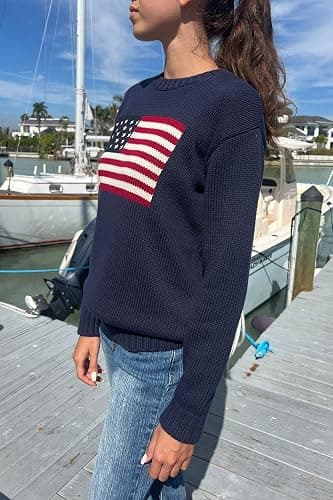 Adoeren Women American Flag Sweater Vintage Long Sleeve Crewneck Knitted Jumper Oversized Aesthetic Knit Pullover Top thumbnail 6