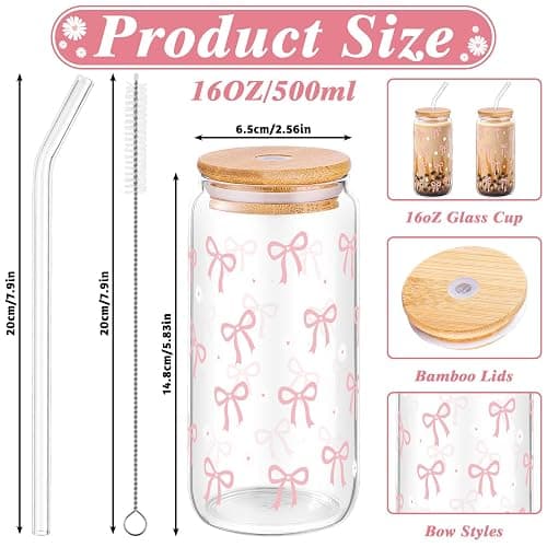 2 Pcs Coquette Cute Pink Bow Glasses Cups, 16 oz Aesthetic Iced Coffee Cup with Lids Brush and Straws Girly Preppy Design Tumbler Mug, Cute Coffee Cups for Teen Girls Women Trendy Gift Preppy Stuff thumbnail 3