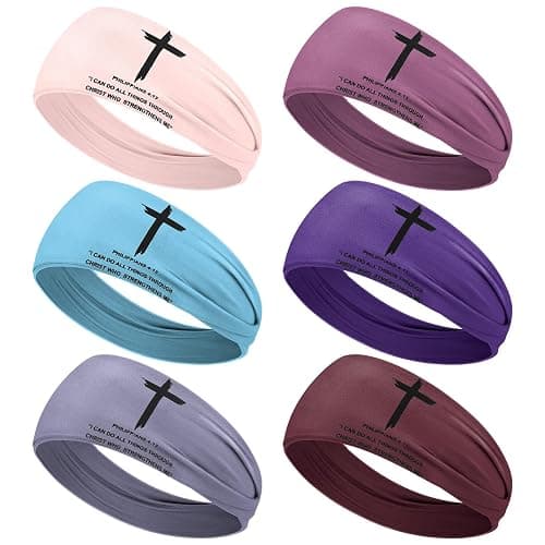 6 PCS Christian Headbands for Women Jesus Faith Cross Athletic Sweatbands Moisture Wicking Twist Knotted Criss Cross Hair Bands with Bible Verse Religious for Sports Workout Football Baseball - Image 1