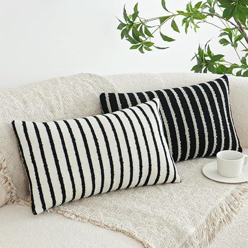 Jonhier Black Striped Lumbar Boho Throw Pillow Cover, Modern Boucle Textured Rectangle Pillowcase for Sofa Couch Bed, Neutral Farmhouse Accent Decorative Cushion Cover for Living Room, 12 x 20 inch thumbnail 5