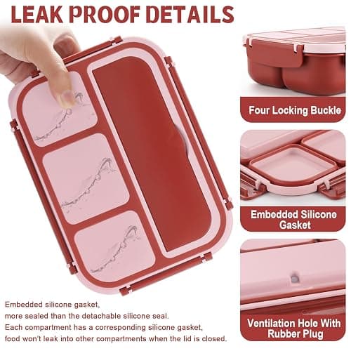 shell and turtle Bento Box Adult Lunch Box, Lunch Containers for Kids Girls Boys with 4 Compartments, Lunchable Food Container with Utensils, Sauce Jar, Muffin Liners, 40 Oz/5 Cup, Retro Red thumbnail 5