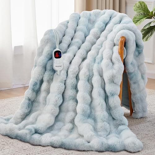 Anysay Heated Blanket Throw with 1/2/4/6/8 Hours Auto-Off 10 Heat Level, 50'' * 60'' Cozy Faux Rabbit Fur Bubble Electric Blanket with Overheat Protection(Blue) - Image 1