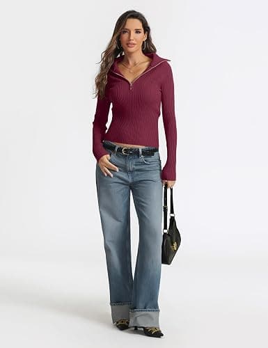Prettywear 2025 Women's Half Zip Pullover Sweaters V Neck Collared Long Sleeve Ribbed Knit Fall Tops Dressy Casual thumbnail 4