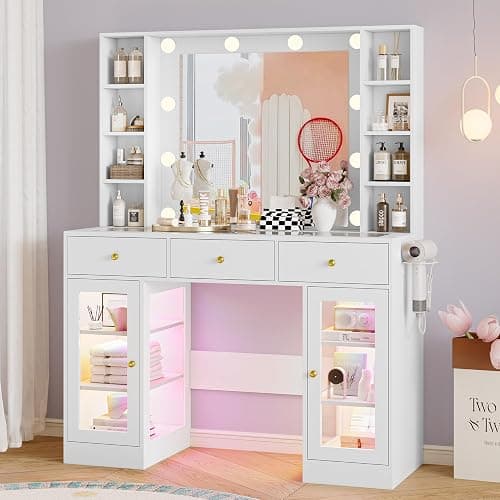 Wodeer Makeup Vanity Desk with Mirror and Lights, White Vanity with Glass Top, LED Lights & Power Outlet, 3 Drawers & 2 RGB Glass Cabinets, Adjustable Lighted Dressing Table for Women & Girls Bedroom - White - 43" with Glass Top thumbnail 8
