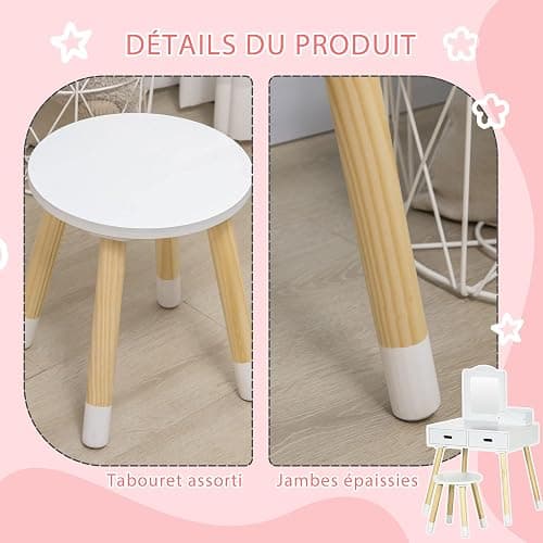 ZONEKIZ Coiffeuse Enfant Table de Maquillage avec Tabouret Miroir et 2 tiroirs 3 à 6 Ans - 60 x 40 x 95 cm - Blanc et Bois thumbnail 6