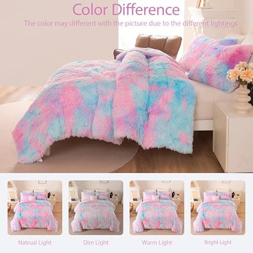 BYHOFMLY Pink Purple Fluffy Bedding Set Twin Size 3 Pieces Faux Fur Furry Comforter Set for Girls Tie Dye Rainbow Warm Fuzzy Kids Bed Comforter (Pink Purple, Twin) thumbnail 9