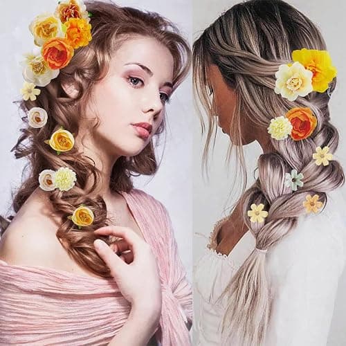 21 PCS Hair Flowers Boho Hair Barrettes Accessories Hawaiian Silk Flower Clips Girls Orange Floral Bride Headpiece Festival(Orange & Yellow) thumbnail 4