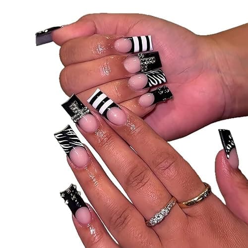 Long Press on Nails Square Fake Nails Black Acrylic Nail Press Ons Seeneey Y2K Stripes Glossy Stick on Nail for Women 24pcs thumbnail 5