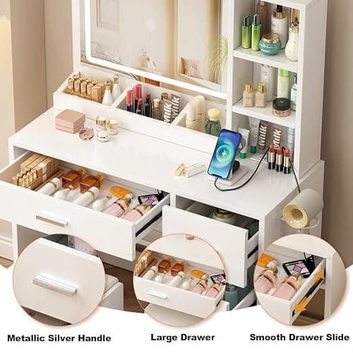 OTOQS Vanity Desk with Mirror and Lights, 4 Drawers & Benches Vanity Desk Set, 3 Color Lighting Modes Adjustable Brightness Vanity for Bedroom Makeup Table thumbnail 3