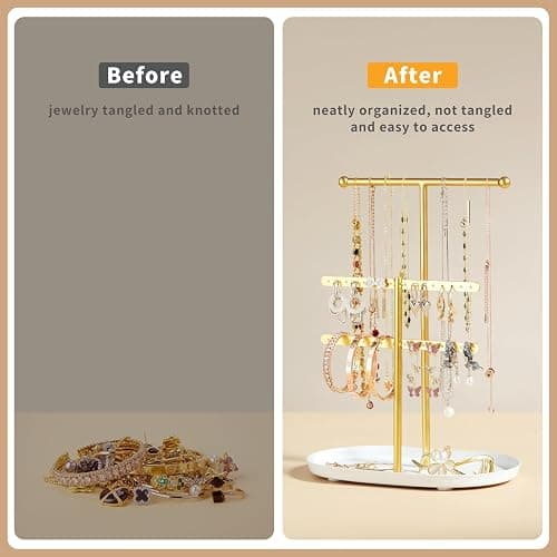 Elegant Jewelry holder Organizer 2-Tier Display Storage Stand for Earrings Necklaces with Ring Tray Spacious and Durable, Easy to Assemble White & Gold thumbnail 4