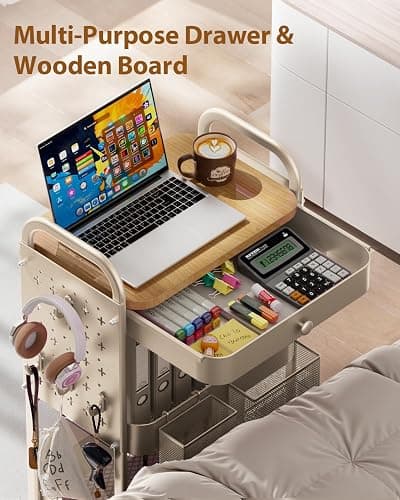 ALVOROG Rolling Cart with Drawer and Wood Table Top, 3 Tier Metal Rolling Utility Cart on Wheels with DIY Pegboards, Hanging Baskets, Hooks for Kitchen, Bedroom, Office, Craft Supplies thumbnail 4