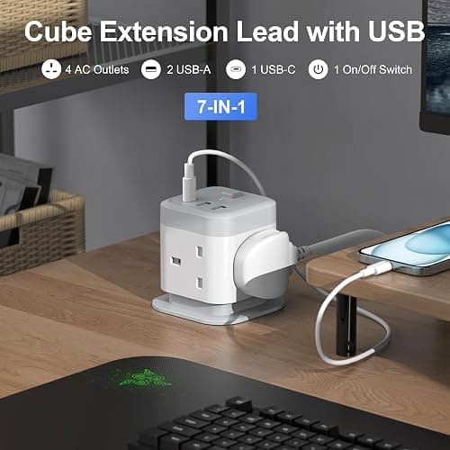 Tower Extension Lead with USB Slots 4 Way Cube Multi Plug with 1.5M Cable | 2 USB A and 1 USB C Ports, UK Power Strip with Switch Surge Protected Extension Socket Cord for Home Kitchen Office thumbnail 2