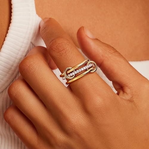 JINEAR Gold Stackable Rings for Women Non Tarnish 14K Gold Plated Interlocked Ring Gold Silver Mixed Metal Statement Rings Dainty Cubic Zirconia Band Thumb Ring Jewelry Gift for Women thumbnail 2