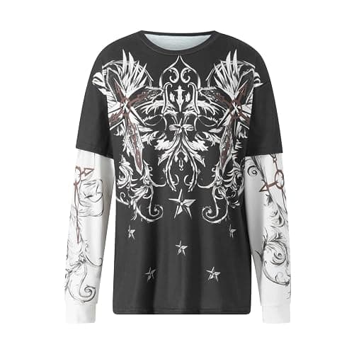 Women's Long Sleeve Tops Vintage Round Neck Skull Print Loose Grunge Shirts Pullover Harajuku Y2K Streetwear - K-black - L thumbnail 3