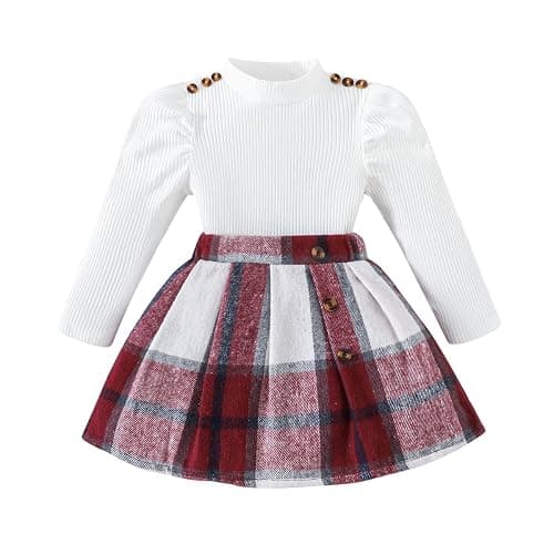 Guodeunh Toddler Girl Clothes,Girls Clothes Skirt Set Puff Sleeve Tops + Plaid Skirt 2 Pcs Fall Winter Outfits - Image 1