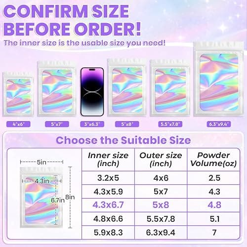 ANZNKU Holographic Bags 5x8 White Mylar Bags Resealable 50PCS, Smell Proof Packaging Bag Snack Pouches Goodie Baggies for Candy Jewelry Graduation Party Favors, Small Gift Bag for Small Business thumbnail 2