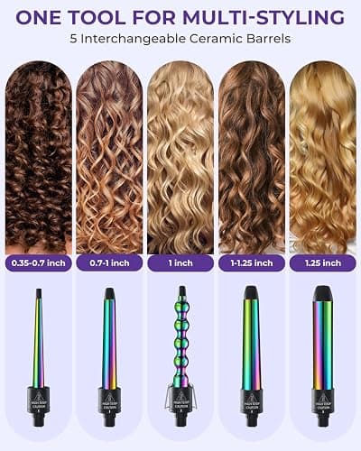 5 in 1 Curling Wand Set: Ohuhu Curling Iron Wand 5Pcs 0.35 to 1.25 Inch Interchangeable Ceramic Barrel Heat Protective Glove 2 Clips Dual Voltage Hair Curler for Girls Women Mother Gift Rainbow thumbnail 2