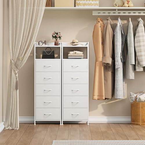 Somdot White Tall Night Stand for Bedroom,Tall 5 Drawers Dresser, Vertical Storage Tower Unit, Nightstand Furniture with Fabric Drawer Organizer in Bedside Kids Dorm Room Closet Laundry Entryway thumbnail 7