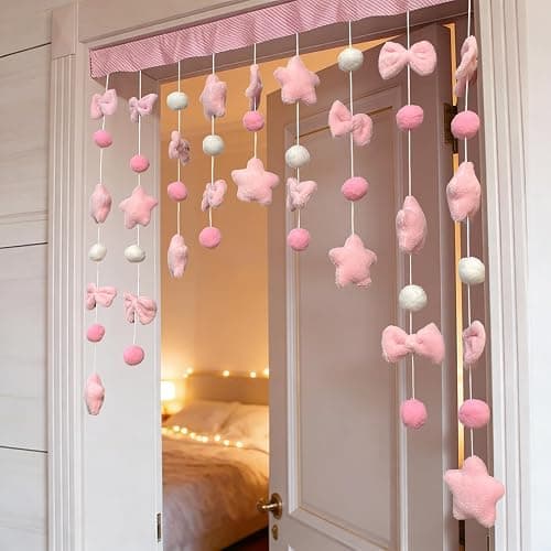 Gtsrlp Kawaii Plush Door Curtain, 33" W x 28" L Self-Adhesive Arc Design, Detachable Hook and Loop for Easy Wash, Pastel Stars Bows for Girls Room, Bedroom, Nursery, Window Decor - Image 1