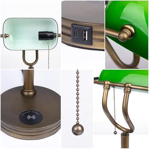 JCPYIUL Green Glass Bankers Lamp, Retro Desk Lamp with USB Wireless Charging Port, Classic Pull Chain Switch Table lamp, for Home Office nightstand Bedside Study Desk Library thumbnail 4