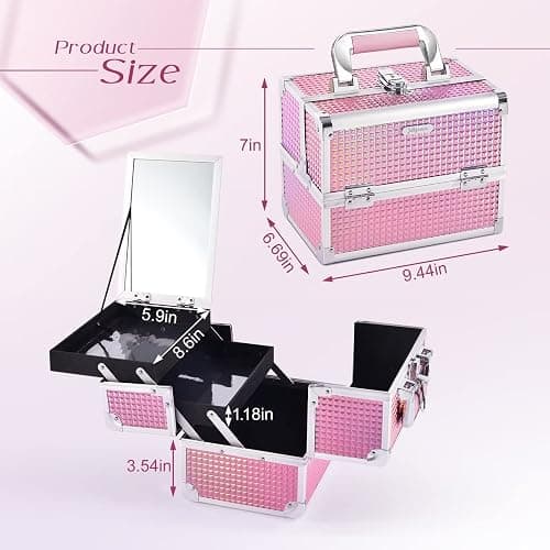 Joligrace Makeup Train Case Makeup Case Organizer Portable Cosmetic Box Storage with 2 Trays Mirror Locking Make Up Travel Case for Nail Kits Cosmetics Craft Traveling Makeup Box Mermaid Pink thumbnail 5