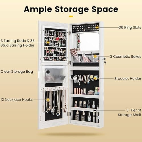 CHARMAID LED Mirror Jewelry Cabinet, Lockable Jewelry Armoire with Adjustable Lighted Full Length Mirror, 3 Lighting Sets, Wall Mounted Door Hanging Jewelry Storage Organizer (Grayish White, 42.5''H) thumbnail 6