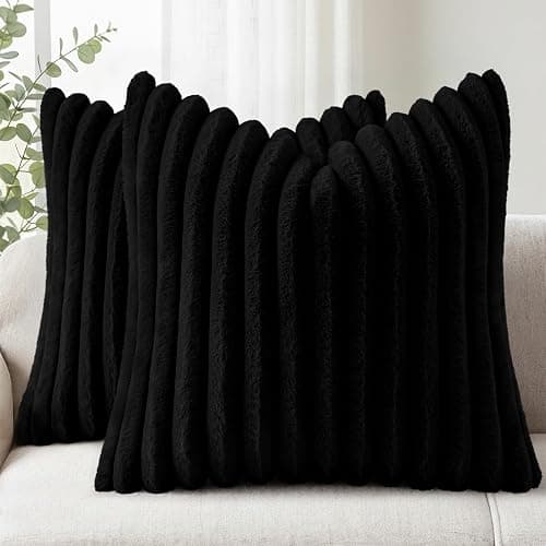 Simmore Faux Fur Couch Throw Pillow Covers 18x18 Set of 2, Decorative Soft Striped Plush Pillow Covers with Velvet Back for Sofa Bed Living Room, Black - Image 1