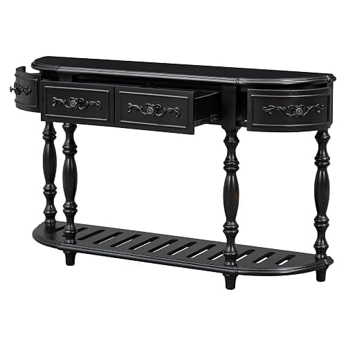 LUMISOL Retro Half Moon Console Table with 4 Storage Drawers, Curved Sofa Table Behind Couch, Half Round Accent Table with Shelf for Entryway Living Room Hallway, Black thumbnail 4